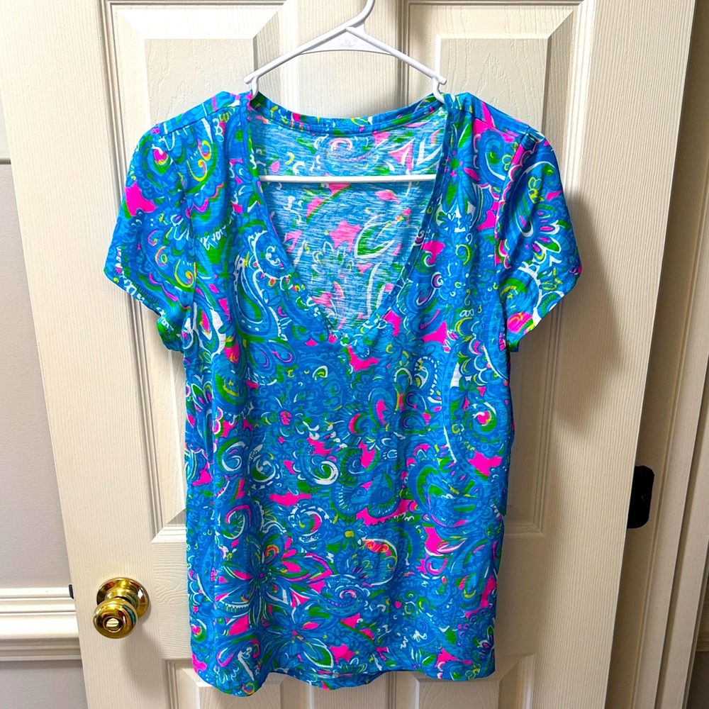 Lilly Pulitzer Blue and Pink Paisley Short Sleeve Top